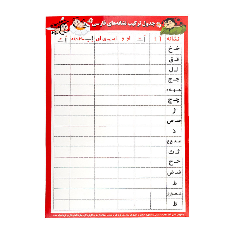 جدول آموزشی پروانه سفید ورقی 50*70 صامت مصوت نوشتاری