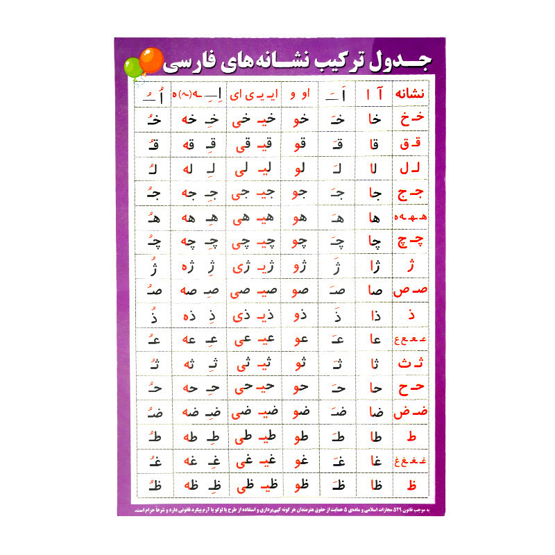 جدول آموزشی پروانه سفید ورقی A4 حروف فارسی